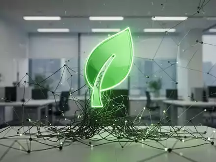 Ein stilisiertes, leuchtendes grünes Blatt-Symbol, das Energieeffizienz darstellt, inmitten eines Netzes aus digitalen Linien. - Foto: über boerse-global.de