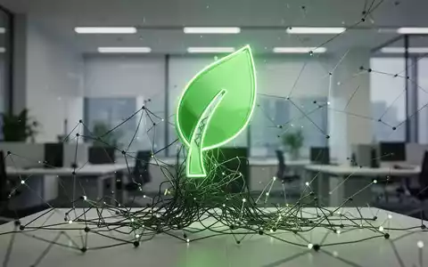 Ein stilisiertes, leuchtendes grünes Blatt-Symbol, das Energieeffizienz darstellt, inmitten eines Netzes aus digitalen Linien. - Foto: über boerse-global.de