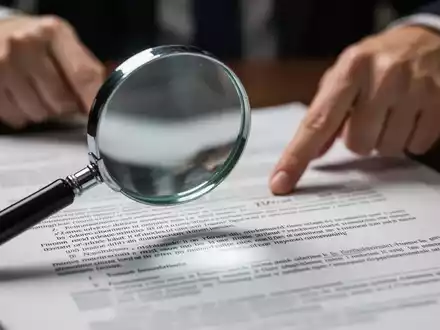 Eine Nahaufnahme einer Lupe, die über juristischen Dokumenten schwebt, was juristische Prüfung und Komplexität symbolisiert. - Foto: über boerse-global.de