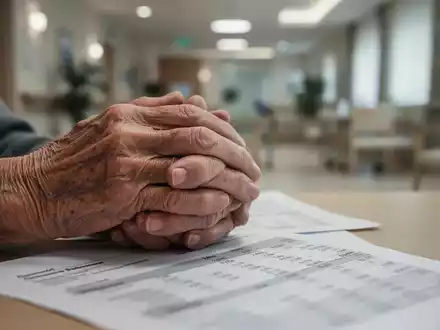 Nahaufnahme der Hände einer älteren Person, die auf einem Dokument mit verschwommenen Zahlen ruhen, im Hintergrund ein Pflegeheim. - Foto: über boerse-global.de