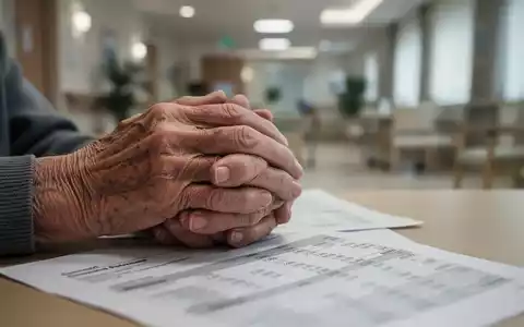 Nahaufnahme der Hände einer älteren Person, die auf einem Dokument mit verschwommenen Zahlen ruhen, im Hintergrund ein Pflegeheim. - Foto: über boerse-global.de