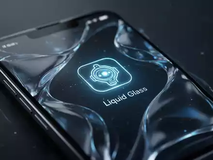 Nahaufnahme eines Smartphone-Bildschirms mit futuristischem UI in leuchtend blauem 'Liquid Glass'-Design und KI-Assistent-Symbol. - Foto: über boerse-global.de