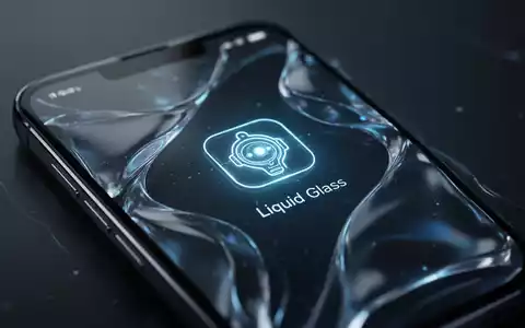 Nahaufnahme eines Smartphone-Bildschirms mit futuristischem UI in leuchtend blauem 'Liquid Glass'-Design und KI-Assistent-Symbol. - Foto: über boerse-global.de
