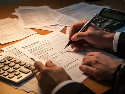 Hände füllen sorgfältig ein deutsches Steuerformular aus, umgeben von Dokumenten und einem Taschenrechner auf einem Schreibtisch. - Foto: über boerse-global.de