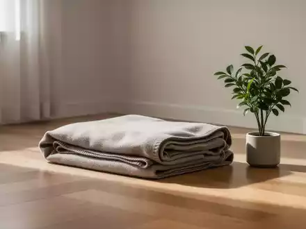 Ein minimalistisches, aufgeräumtes Zimmer mit einem ordentlich gefalteten Plaid auf einem Holzboden und einer kleinen Pflanze. - Foto: über boerse-global.de