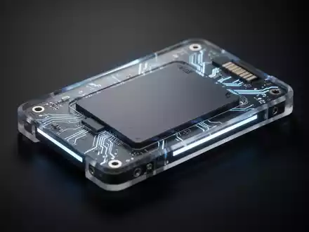 Schlankes, futuristisches SSD mit blau-weißer Beleuchtung, teilweise in transparentem Gehäuse mit sichtbaren Schaltkreisen. - Foto: über boerse-global.de