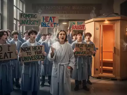 Studierende in Bademänteln protestieren in einem Hochschulgebäude gegen Hitze, mit einer temporären Außensauna im Hintergrund. - Foto: über boerse-global.de