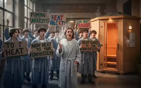 Studierende in Bademänteln protestieren in einem Hochschulgebäude gegen Hitze, mit einer temporären Außensauna im Hintergrund. - Foto: über boerse-global.de