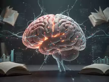 Ein abstraktes Bild eines stilisierten Gehirns mit leuchtenden neuronalen Verbindungen, umgeben von digitalen Datenströmen und Lernmaterialien. - Foto: über boerse-global.de