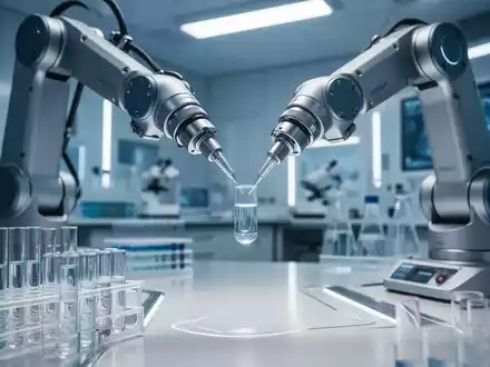 Ein Roboterarm in einem sterilen Labor handhabt präzise eine Glasphiole, umgeben von moderner Diagnostik-Ausrüstung. - Foto: über boerse-global.de