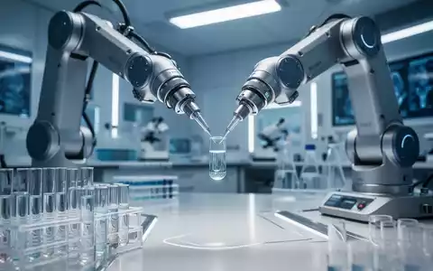 Ein Roboterarm in einem sterilen Labor handhabt präzise eine Glasphiole, umgeben von moderner Diagnostik-Ausrüstung. - Foto: über boerse-global.de