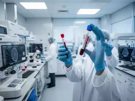 Ein Wissenschaftler in einem modernen Labor hält ein Reagenzglas mit einer Blutprobe, umgeben von fortschrittlicher Diagnosetechnik. - Foto: über boerse-global.de