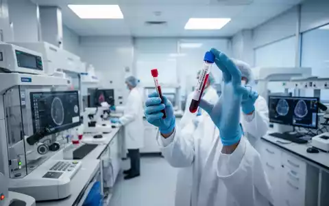 Ein Wissenschaftler in einem modernen Labor hält ein Reagenzglas mit einer Blutprobe, umgeben von fortschrittlicher Diagnosetechnik. - Foto: über boerse-global.de