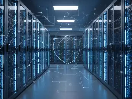 Ein stilisiertes, sicheres Rechenzentrum mit leuchtend blauen Serverracks, das Datensicherheit und digitale Souveränität symbolisiert. - Foto: über boerse-global.de
