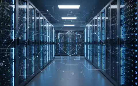 Ein stilisiertes, sicheres Rechenzentrum mit leuchtend blauen Serverracks, das Datensicherheit und digitale Souveränität symbolisiert. - Foto: über boerse-global.de