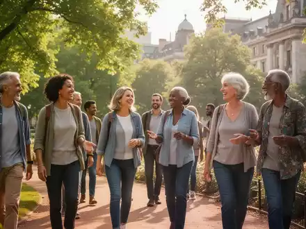 Eine vielfältige Gruppe von Menschen jeden Alters nimmt an einem 'Walk and Talk' im Freien teil, spaziert durch einen Park und unterhält sich. - Foto: über boerse-global.de