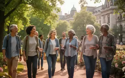 Eine vielfältige Gruppe von Menschen jeden Alters nimmt an einem 'Walk and Talk' im Freien teil, spaziert durch einen Park und unterhält sich. - Foto: über boerse-global.de