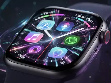 Nahaufnahme eines Apple Watch-Bildschirms mit farbenfrohem, dynamischem 'Liquid Glass'-Interface, neuen App-Icons und einer Siri-KI-Eingabeaufforderung. - Foto: über boerse-global.de