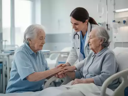 Eine Pflegefachkraft spricht ruhig mit einem älteren Patienten in einem Krankenhauszimmer, der Patient lächelt. Fokus auf menschliche Interaktion. - Foto: über boerse-global.de