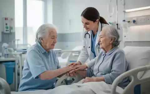 Eine Pflegefachkraft spricht ruhig mit einem älteren Patienten in einem Krankenhauszimmer, der Patient lächelt. Fokus auf menschliche Interaktion. - Foto: über boerse-global.de