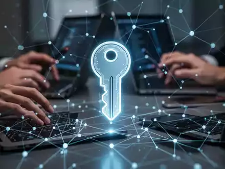 Ein leuchtendes digitales Passkey-Symbol, umgeben von einem sicheren Netzwerk, mit unscharfen Händen, die Geräte im Hintergrund bedienen. - Foto: über boerse-global.de