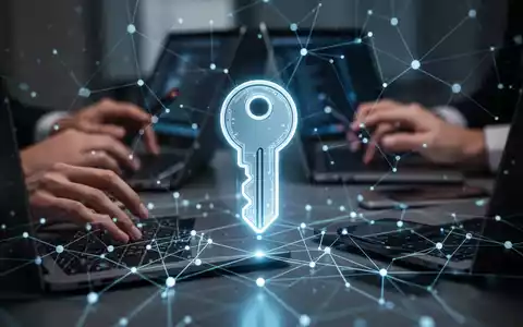 Ein leuchtendes digitales Passkey-Symbol, umgeben von einem sicheren Netzwerk, mit unscharfen Händen, die Geräte im Hintergrund bedienen. - Foto: über boerse-global.de