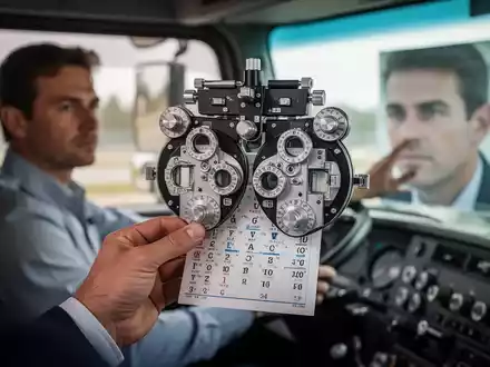 Nahaufnahme der Hand eines Optikers, die ein Phoropter hält, mit einem unscharfen LKW-Fahrer im Hintergrund, der auf eine Sehtafel blickt. - Foto: über boerse-global.de