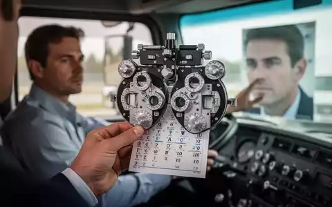 Nahaufnahme der Hand eines Optikers, die ein Phoropter hält, mit einem unscharfen LKW-Fahrer im Hintergrund, der auf eine Sehtafel blickt. - Foto: über boerse-global.de