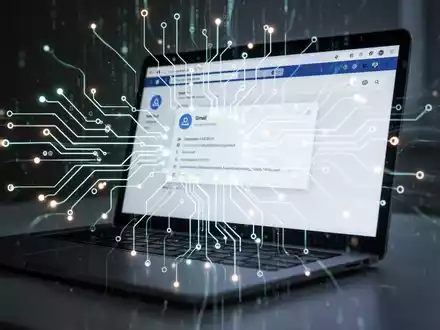 Leuchtendes, abstraktes neuronales Netzwerk-Design über einem Laptop-Bildschirm mit E-Mail-Posteingang, symbolisiert KI-gestützte E-Mail-Automatisierung. - Foto: über boerse-global.de