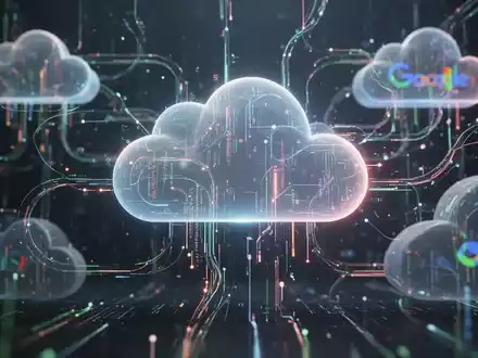 Abstrakte digitale Wolken mit leuchtenden Datenströmen, die Googles Cloud-KI-Infrastruktur und Unternehmenssupport für Claude darstellen. - Foto: über boerse-global.de