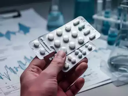 Nahaufnahme einer Hand, die eine moderne Medikamentenblisterpackung hält, mit verschwommenem Hintergrund aus medizinischen Diagrammen und Laborgeräten. - Foto: über boerse-global.de