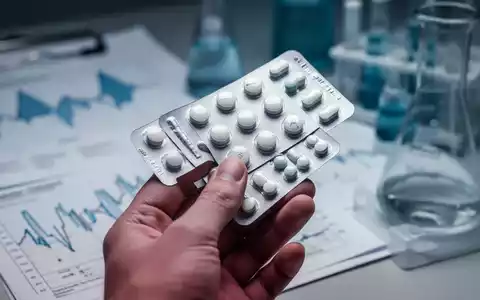 Nahaufnahme einer Hand, die eine moderne Medikamentenblisterpackung hält, mit verschwommenem Hintergrund aus medizinischen Diagrammen und Laborgeräten. - Foto: über boerse-global.de