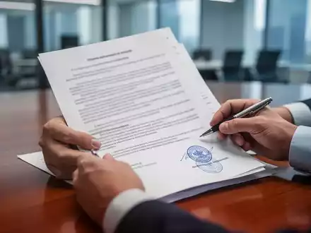 Hände halten juristische Dokumente mit einem Stempel und einem Stift auf einem Schreibtisch, unscharfer Bürohintergrund. - Foto: über boerse-global.de