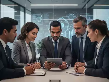 Eine Gruppe von Geschäftsleuten arbeitet in einem modernen Büro zusammen, symbolisch für kooperative Führung und Teamstärkung. - Foto: über boerse-global.de