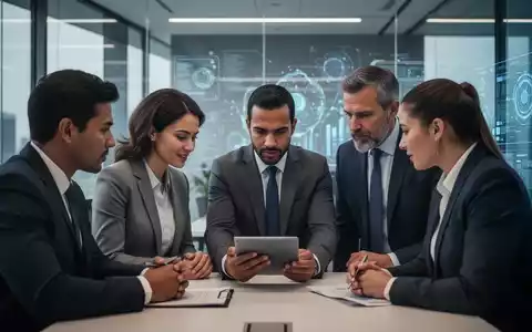 Eine Gruppe von Geschäftsleuten arbeitet in einem modernen Büro zusammen, symbolisch für kooperative Führung und Teamstärkung. - Foto: über boerse-global.de