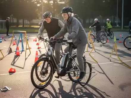 Ein älterer Mensch mit Helm auf einem E-Bike bei einem Fahrradtraining, umgeben von Trainingshütchen auf Asphalt. - Foto: über boerse-global.de