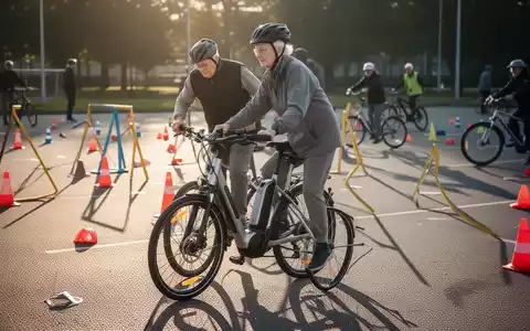 Ein älterer Mensch mit Helm auf einem E-Bike bei einem Fahrradtraining, umgeben von Trainingshütchen auf Asphalt. - Foto: über boerse-global.de