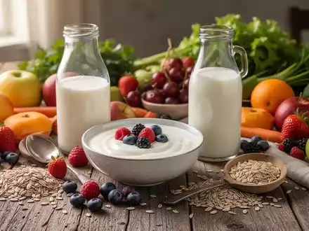 Eine Stillleben-Anordnung von gesunden, darmfreundlichen Lebensmitteln: Joghurt, Beeren, Kefir, Obst, Gemüse und Vollkornprodukte auf einem Holztisch. - Foto: über boerse-global.de