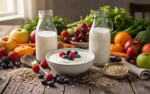 Eine Stillleben-Anordnung von gesunden, darmfreundlichen Lebensmitteln: Joghurt, Beeren, Kefir, Obst, Gemüse und Vollkornprodukte auf einem Holztisch. - Foto: über boerse-global.de