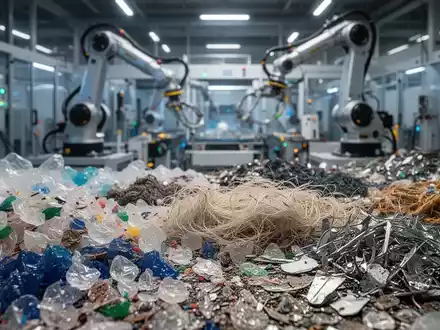 Nahaufnahme von sortierten Recyclingmaterialien wie Kunststoffflocken und Textilfasern, im Hintergrund eine moderne Recyclinganlage. - Foto: über boerse-global.de