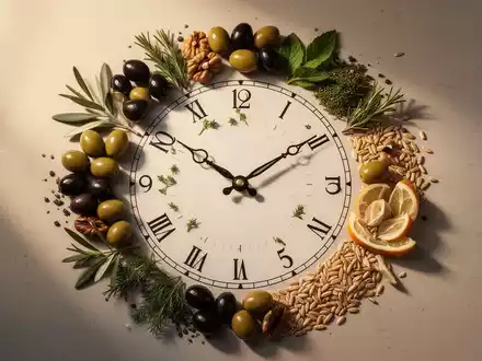 Eine Uhr, deren Zifferblatt mit mediterranen Lebensmitteln wie Oliven und Kräutern geschmückt ist, symbolisiert zeitlich abgestimmte Ernährung. - Foto: über boerse-global.de