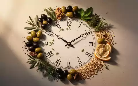 Eine Uhr, deren Zifferblatt mit mediterranen Lebensmitteln wie Oliven und Kräutern geschmückt ist, symbolisiert zeitlich abgestimmte Ernährung. - Foto: über boerse-global.de