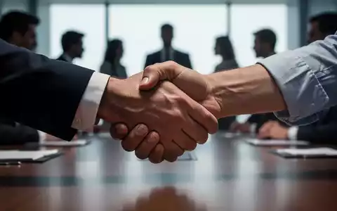 Zwei Hände, eine im Anzugärmel, die andere im Hemd, drücken sich fest über einem Konferenztisch, symbolisch für Verhandlungen. - Foto: über boerse-global.de