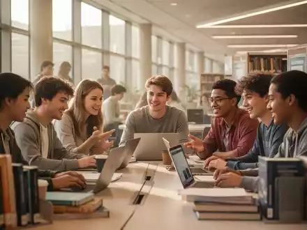 Eine Gruppe von Studierenden arbeitet und lernt gemeinsam an einem Tisch in einer modernen Universitätsbibliothek. - Foto: über boerse-global.de