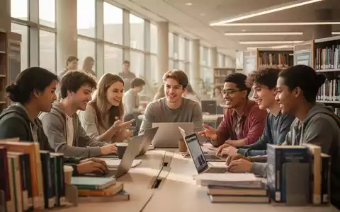 Eine Gruppe von Studierenden arbeitet und lernt gemeinsam an einem Tisch in einer modernen Universitätsbibliothek. - Foto: über boerse-global.de