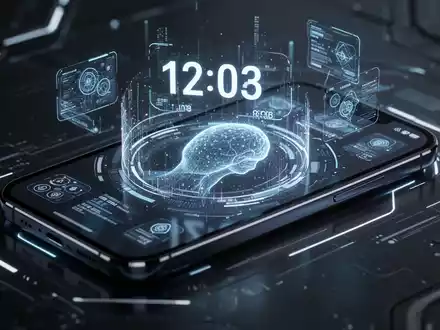 Nahaufnahme eines Smartphone-Bildschirms mit futuristischer Benutzeroberfläche, holografischen Elementen und digitalen Informationen. - Foto: über boerse-global.de