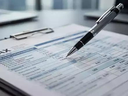 Nahaufnahme eines Finanzhauptbuchs oder Steuerformulars mit einem Stift, der die Komplexität der Steuerberatung und Finanzplanung darstellt. - Foto: über boerse-global.de