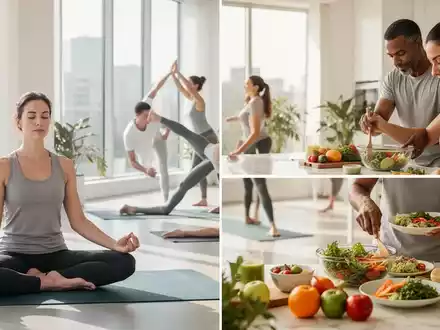 Eine Gruppe von Menschen, die verschiedene Wellness-Aktivitäten ausüben, darunter Meditation, Stretching und Essenszubereitung. - Foto: über boerse-global.de