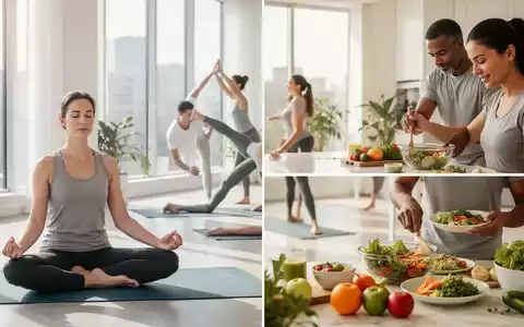 Eine Gruppe von Menschen, die verschiedene Wellness-Aktivitäten ausüben, darunter Meditation, Stretching und Essenszubereitung. - Foto: über boerse-global.de