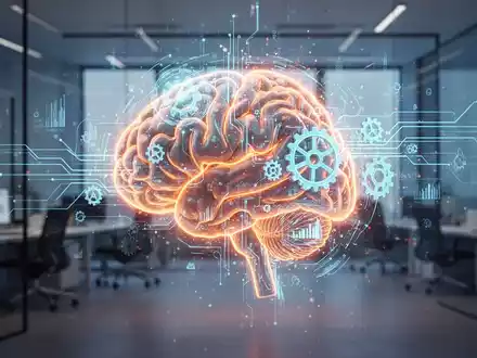 Eine stilisierte, leuchtende Gehirngrafik mit Datenströmen und Zahnrädern in einem modernen Büroumfeld, die Effizienz und mentale Energie symbolisiert. - Foto: über boerse-global.de